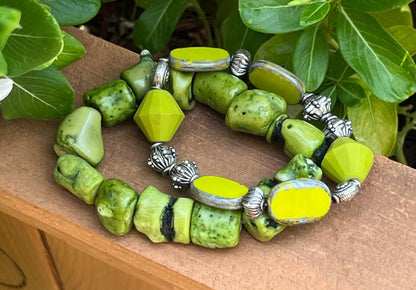 Women's Chartreuse Green Beaded Bracelet Set, Chunky Bracelet Set, Bright Green, Gift for Her