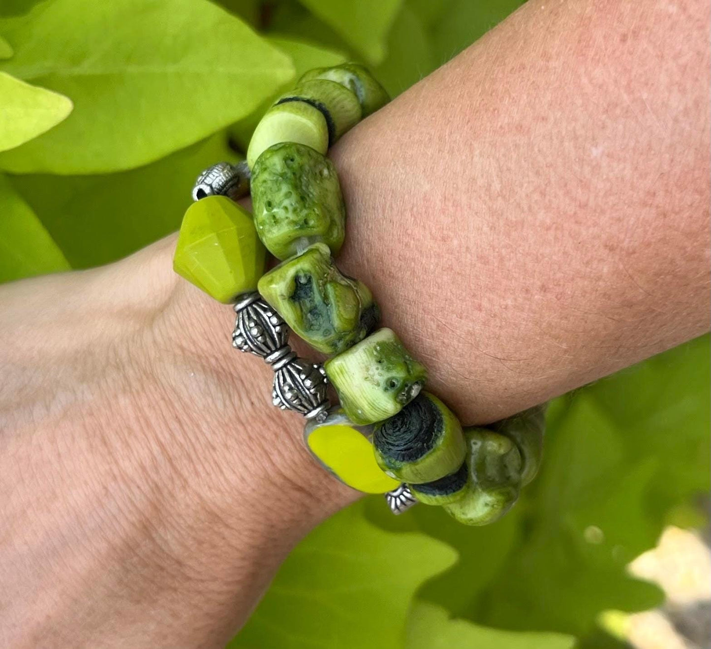 Women's Chartreuse Green Beaded Bracelet Set, Chunky Bracelet Set, Bright Green, Gift for Her