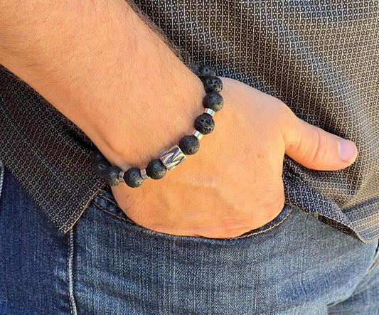 Men's Shark Tooth Black and Silver Lava Gemstone Beaded Bracelet  Bead, Unisex Jewelry, Gifts for Him, Stainless Steel