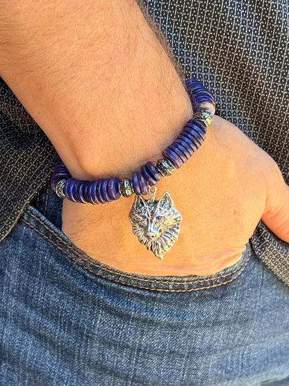 Men's Blue and Silver Wolf Bracelet, Royal or Dark Blue Bone Beaded Bracelet, Gift for Him