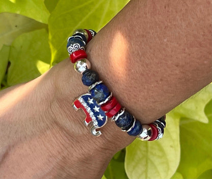 Women's Republican Elephant Bracelet with Gemstones and Bling Charm, Beaded Politcal Bracelet, Gift for Her, Red, Blue and Silver