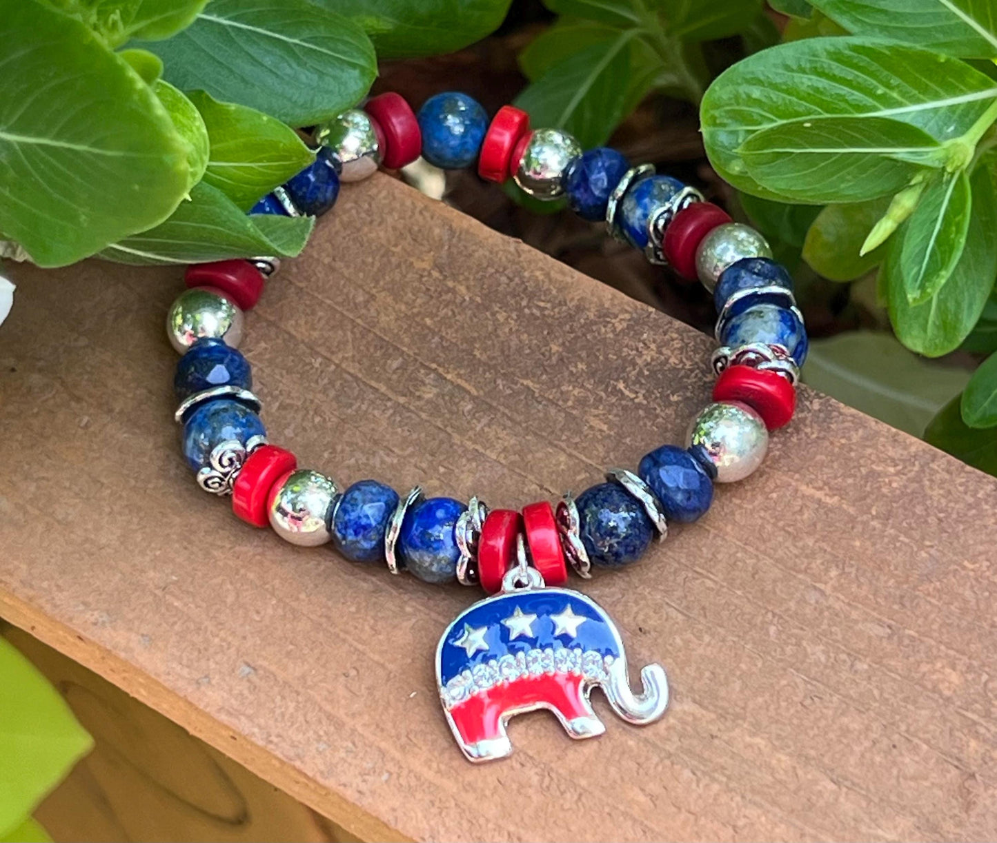 Women's Republican Elephant Bracelet with Gemstones and Bling Charm, Beaded Politcal Bracelet, Gift for Her, Red, Blue and Silver