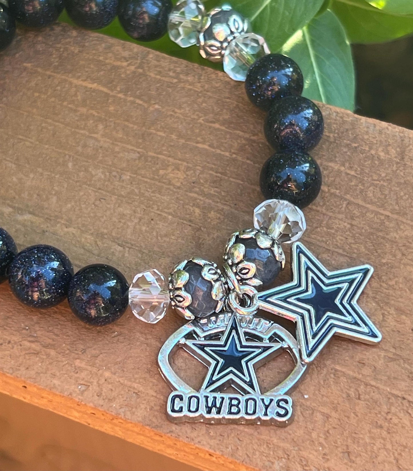 Women's Dallas Cowboys Bracelet with Gemstone and Glass Beads, Football and Star Charms, Gift for Football Fan