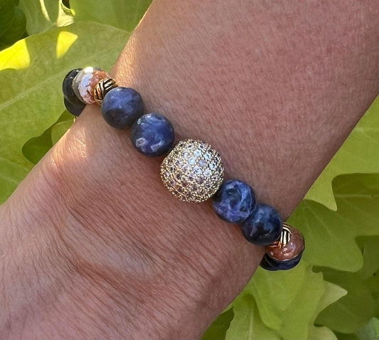 Women's Blue Sodalite Gemstone Bracelet,  Tibetan Agate and Pave Crystal Handmade Bracelet, Boutique Beaded Jewelry, Blue, Brown, Gold, Gift