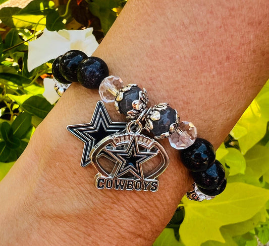 Women's Dallas Cowboys Bracelet with Gemstone and Glass Beads, Football and Star Charms, Gift for Football Fan