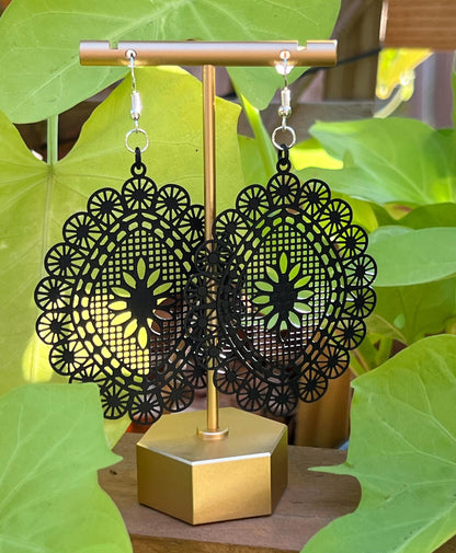 Women's Black Metal Filigree Earrings,  Large Dangle Earrings, Lightweight, Boho Style, Gift for Her