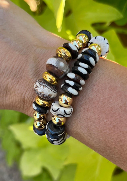 Women's Beaded Bracelet Set in Brown, Cream and Gold, Neutral Bracelet Stack, Boutique Gift for Her