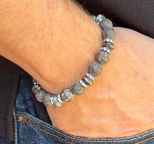 Men's Brown Obsidian Snowflake Bracelet, Beaded Gunmetal Bracelet, Gift for Him