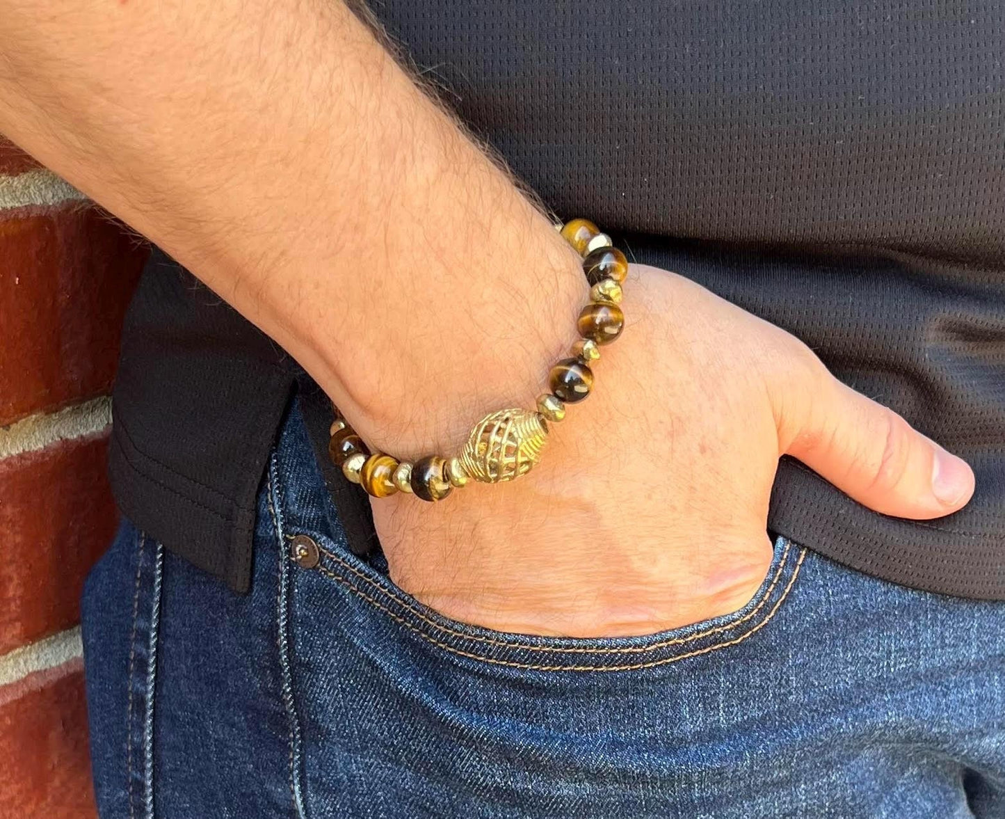 Men's Brown and Gold Tiger Eye Gemstone Bracelet, Brass Beaded Bracelet, African Inspired, Gift for Him