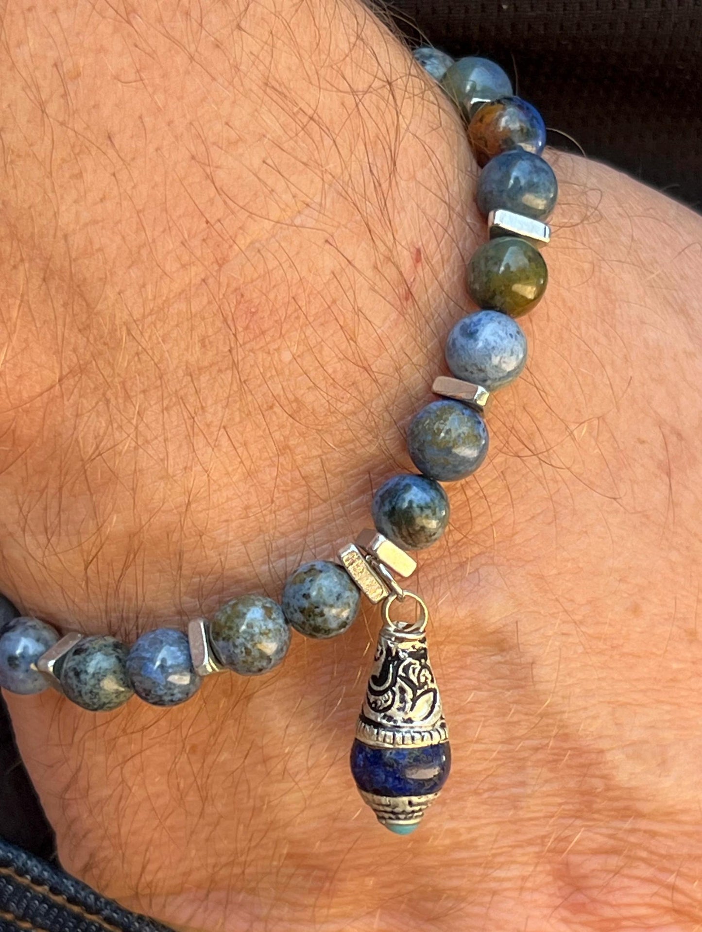 Men's Blue, Brown and Silver Sunset Dumortierite Beaded Bracelet, Lapis Charm, Gift for Him