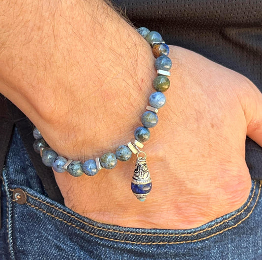 Men's Blue, Brown and Silver Sunset Dumortierite Beaded Bracelet, Lapis Charm, Gift for Him