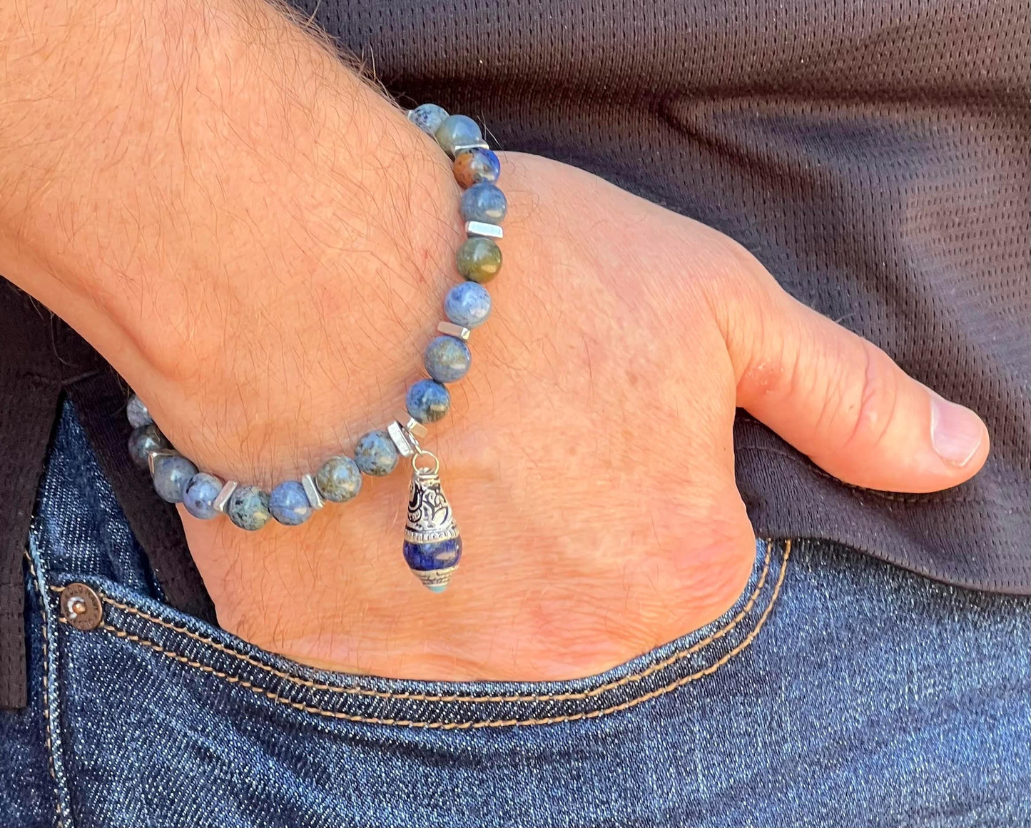 Men's Blue, Brown and Silver Sunset Dumortierite Beaded Bracelet, Lapis Charm, Gift for Him