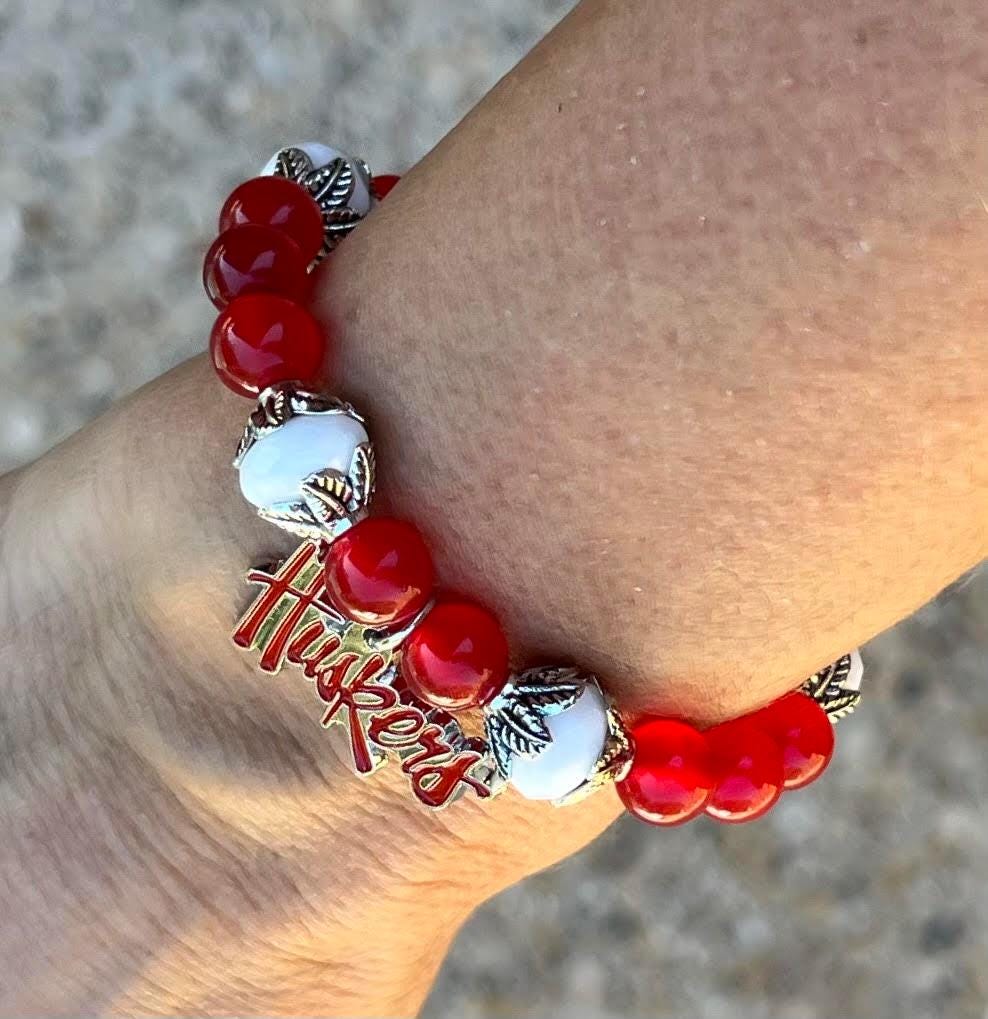 Women's Huskers Charm Bracelet in Red, White and Silver, Handmade University of Nebraska Beaded Jewelry, Gift for Her