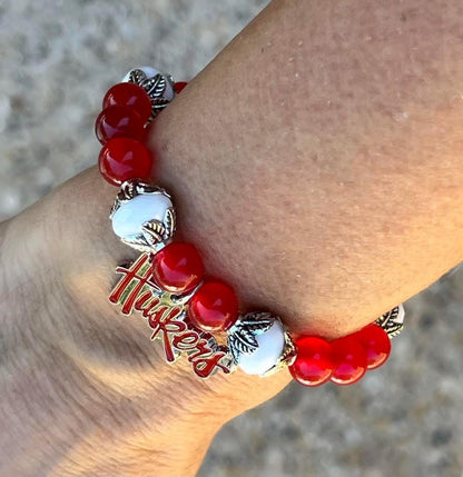 Women's Huskers Charm Bracelet in Red, White and Silver, Handmade University of Nebraska Beaded Jewelry, Gift for Her