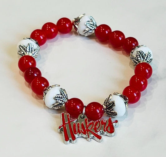 Women's Huskers Charm Bracelet in Red, White and Silver, Handmade University of Nebraska Beaded Jewelry, Gift for Her