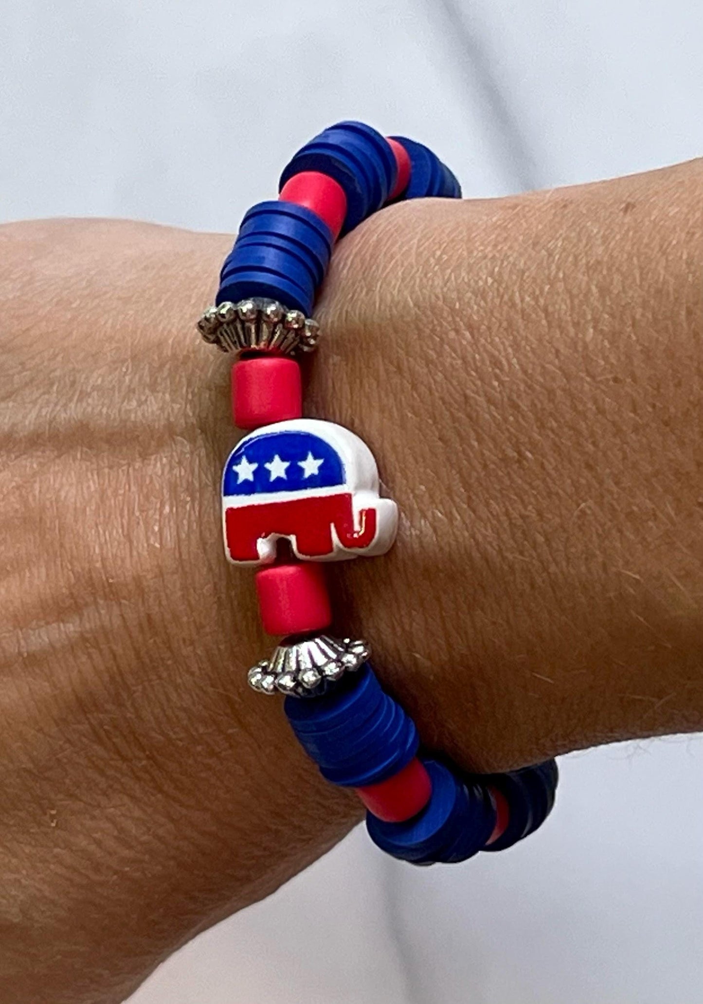 Women's Republican Elephant Beaded Bracelet, Red, Blue and Silver Patriotic Jewelry, Political Statement Gift