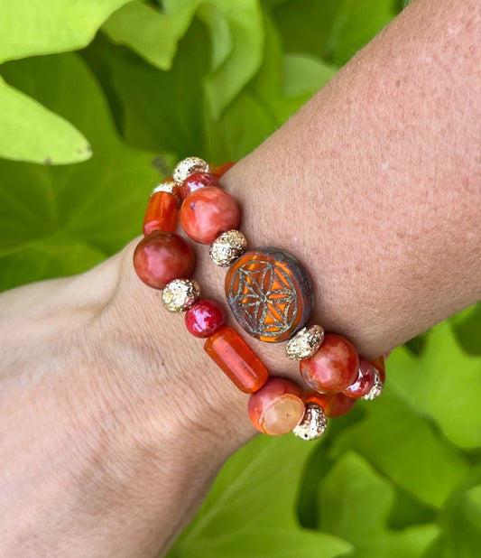 Women's Orange and Gold Beaded Bracelet Set, Deep and Rich Tones, Gift for Her