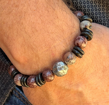 Men's Pink, Gray, Black Paintbrush Jasper Gemstone Beaded Bracelet, African Metal Bracelet, Pewter Accessory, Unisex Boutique Jewelry