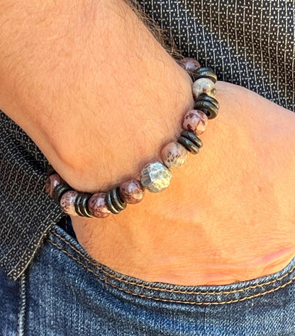 Men's Pink, Gray, Black Paintbrush Jasper Gemstone Beaded Bracelet, African Metal Bracelet, Pewter Accessory, Unisex Boutique Jewelry