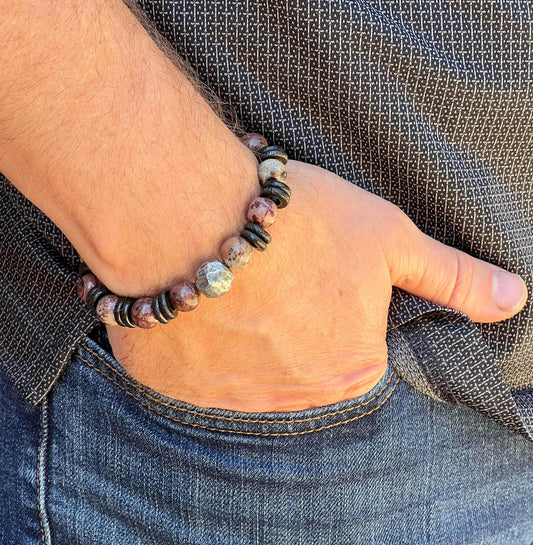 Men's Pink, Gray, Black Paintbrush Jasper Gemstone Beaded Bracelet, African Metal Bracelet, Pewter Accessory, Unisex Boutique Jewelry