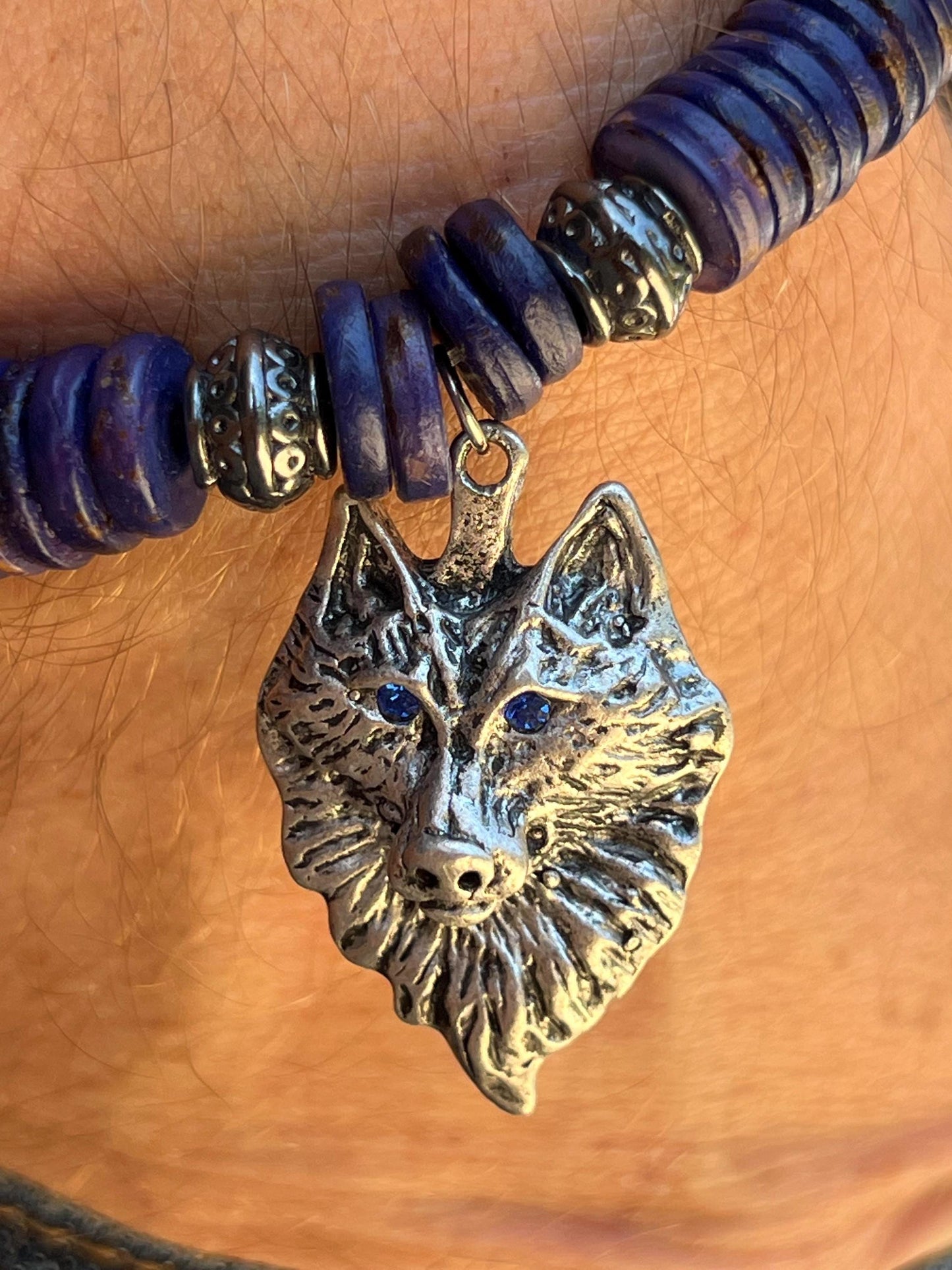 Men's Blue and Silver Wolf Bracelet, Royal or Dark Blue Bone Beaded Bracelet, Gift for Him