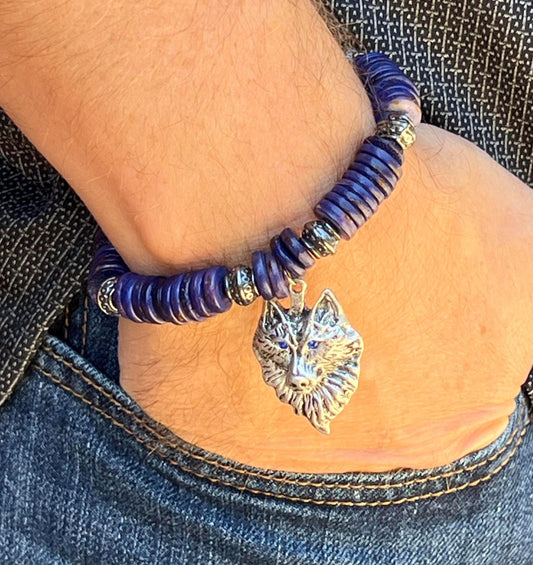 Men's Blue and Silver Wolf Bracelet, Royal or Dark Blue Bone Beaded Bracelet, Gift for Him