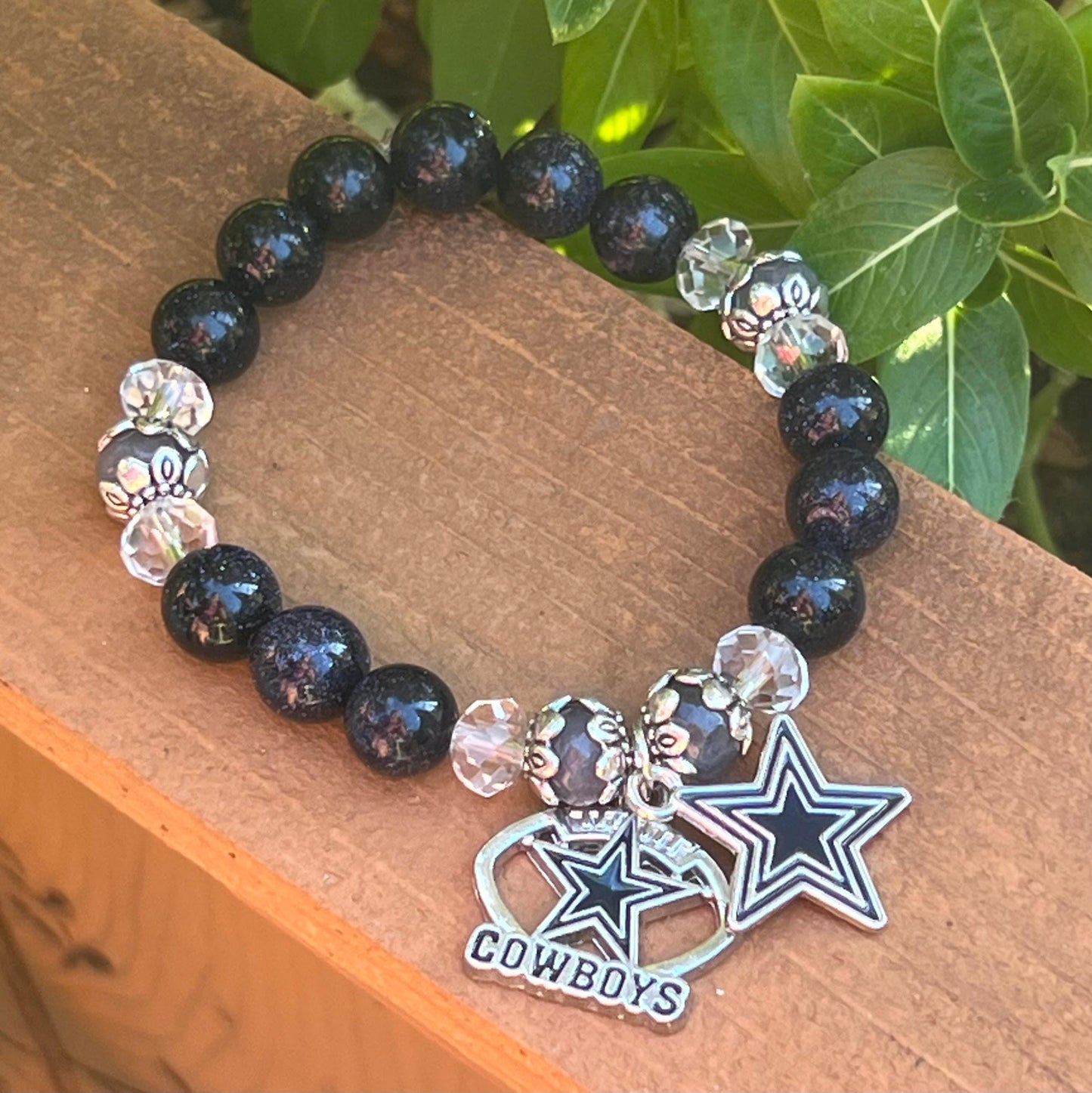 Women's Dallas Cowboys Bracelet with Gemstone and Glass Beads, Football and Star Charms, Gift for Football Fan