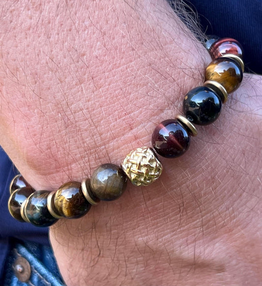 Men's Jewel Toned Tiger Eye Bracelet, Dark Colored Bracelet, Gemstone Beaded Jewelry, Maroon, Brown, Blue, Green, Gold, Gift Idea