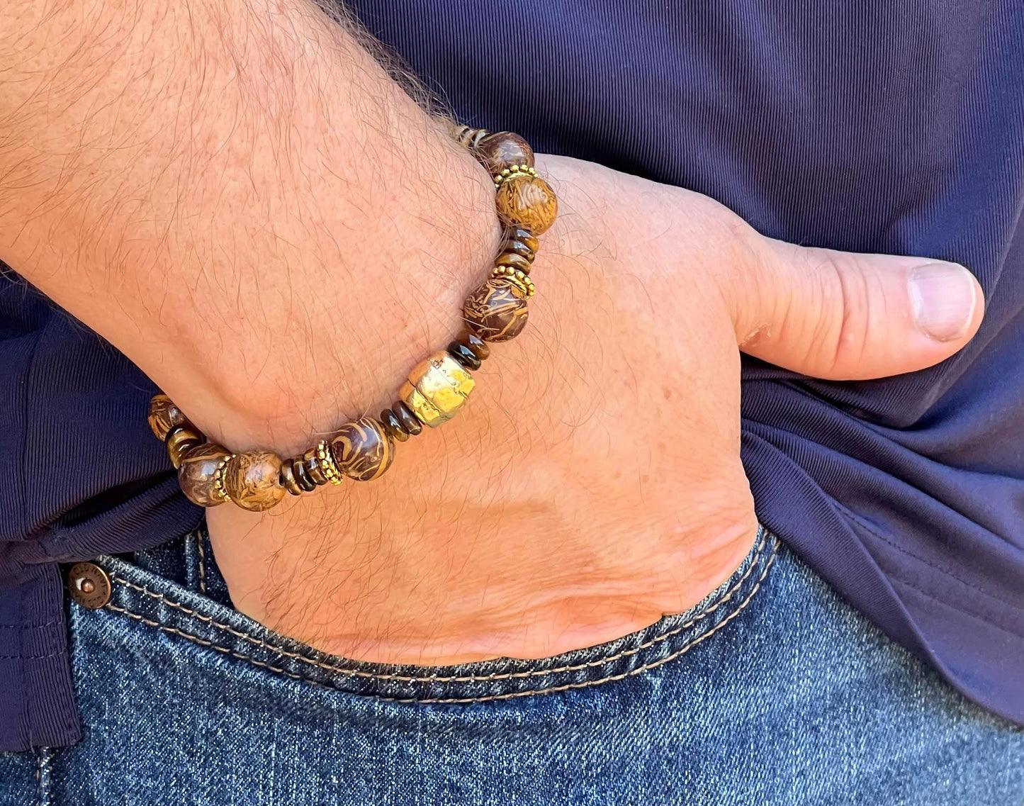 Men's Bracelet in Brown and Black Calligraphy Jasper Gemstone and Tiger's Eye,  Unisex Beaded Jewelry, Gift for Him