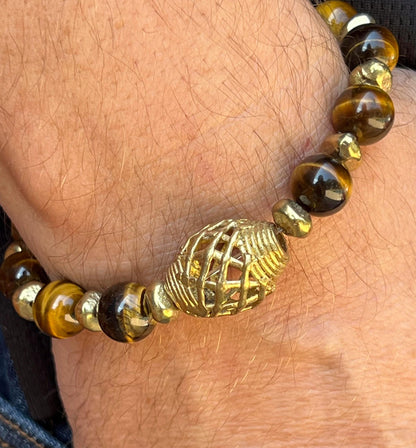 Men's Brown and Gold Tiger Eye Gemstone Bracelet, Brass Beaded Bracelet, African Inspired, Gift for Him