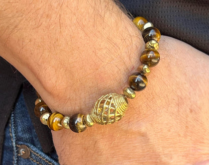 Men's Brown and Gold Tiger Eye Gemstone Bracelet, Brass Beaded Bracelet, African Inspired, Gift for Him