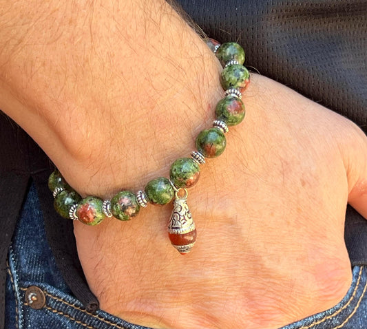 Men's Green and Red Carnelian, Green Jasper and Silver Bracelet, Gemstone Beaded with Charm, Gift for Him