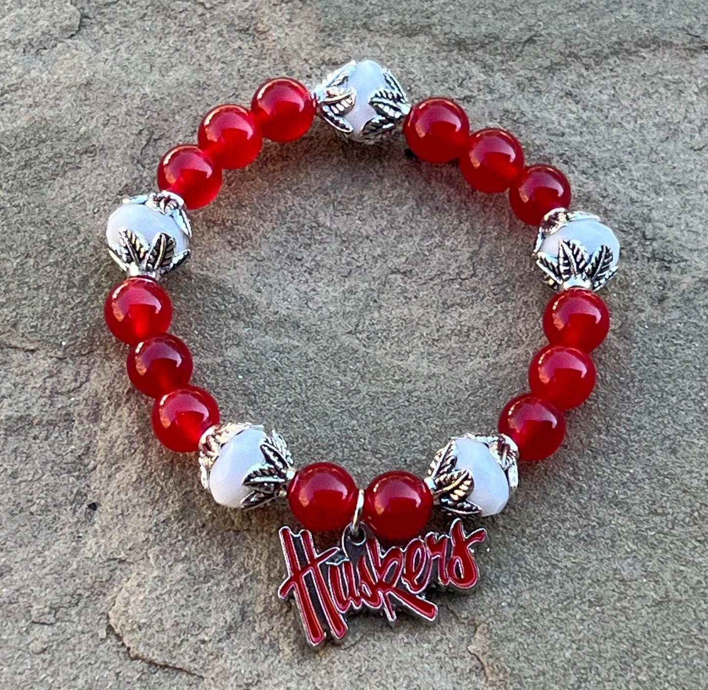 Women's Huskers Charm Bracelet in Red, White and Silver, Handmade University of Nebraska Beaded Jewelry, Gift for Her