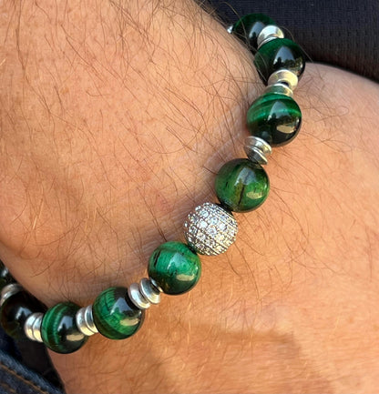 Men's Green Tiger Eye Gemstone Bracelet, Silver Pave Beaded Bracelet, Classy Gift for Him