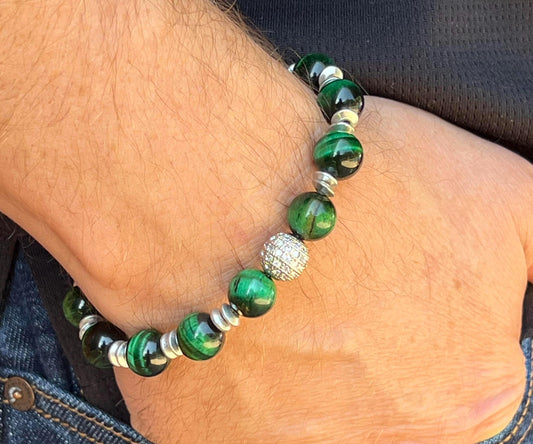 Men's Green Tiger Eye Gemstone Bracelet, Silver Pave Beaded Bracelet, Classy Gift for Him