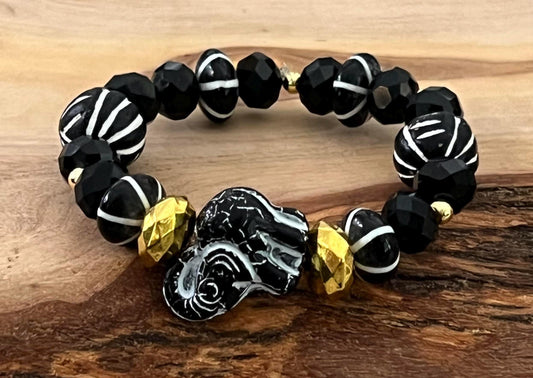 Women's Black, White and Gold Elephant Bracelet, Sophisticated Beaded Bracelet, Gift for Her